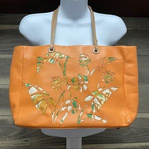 Marc & Marc by Sharif Orange Purse With Green and White Floral Cutout Design